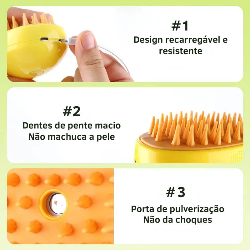 Imagem da Escova Pet a Vapor modelo amarelo e verde com informações sobre a design recarregável e resistente, dentes de pente macios que não machuca a pele do animal e porta de pulverização que não da choques.