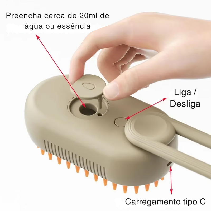 Imagem da Escova Pet a Vapor com informações sobre a quantidade ideal de água ou essência para colocar no produto de 20ml, local do botão liga/desliga e modelo de entrada de cabo de carregamento Tipo C.