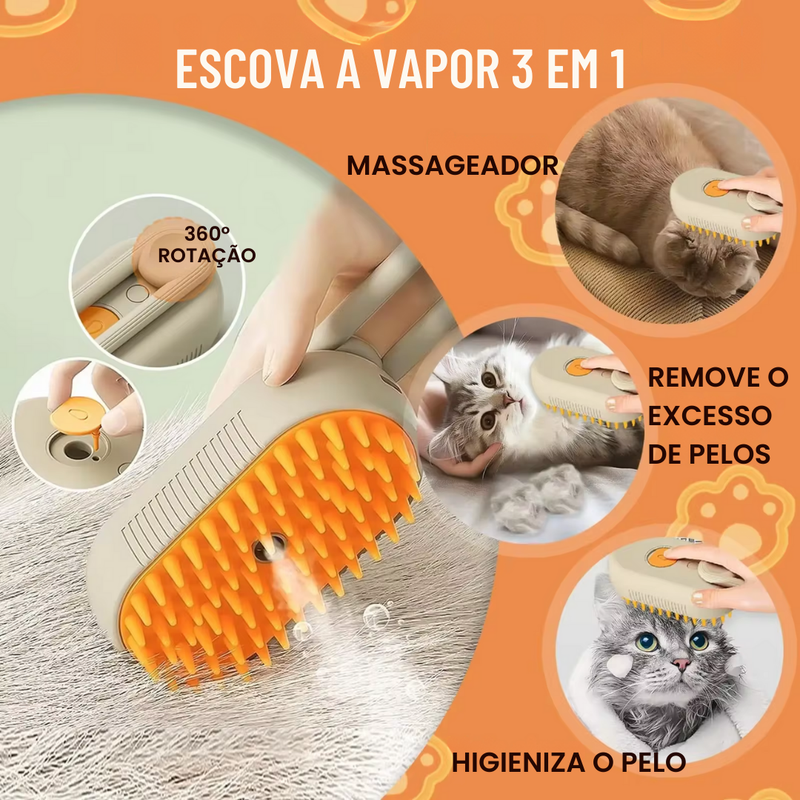 Imagem da escova pet a vapor com especificações das funções 3 em 1 , fazedor de massagem, remove os pelos em excesso e higieniza o pelo, cabo que gira em 360 graus e local para colocar a água ou essência.